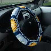 Blue Sun and Moon Steering Wheel Cover Set with car coasters and seat belt covers
